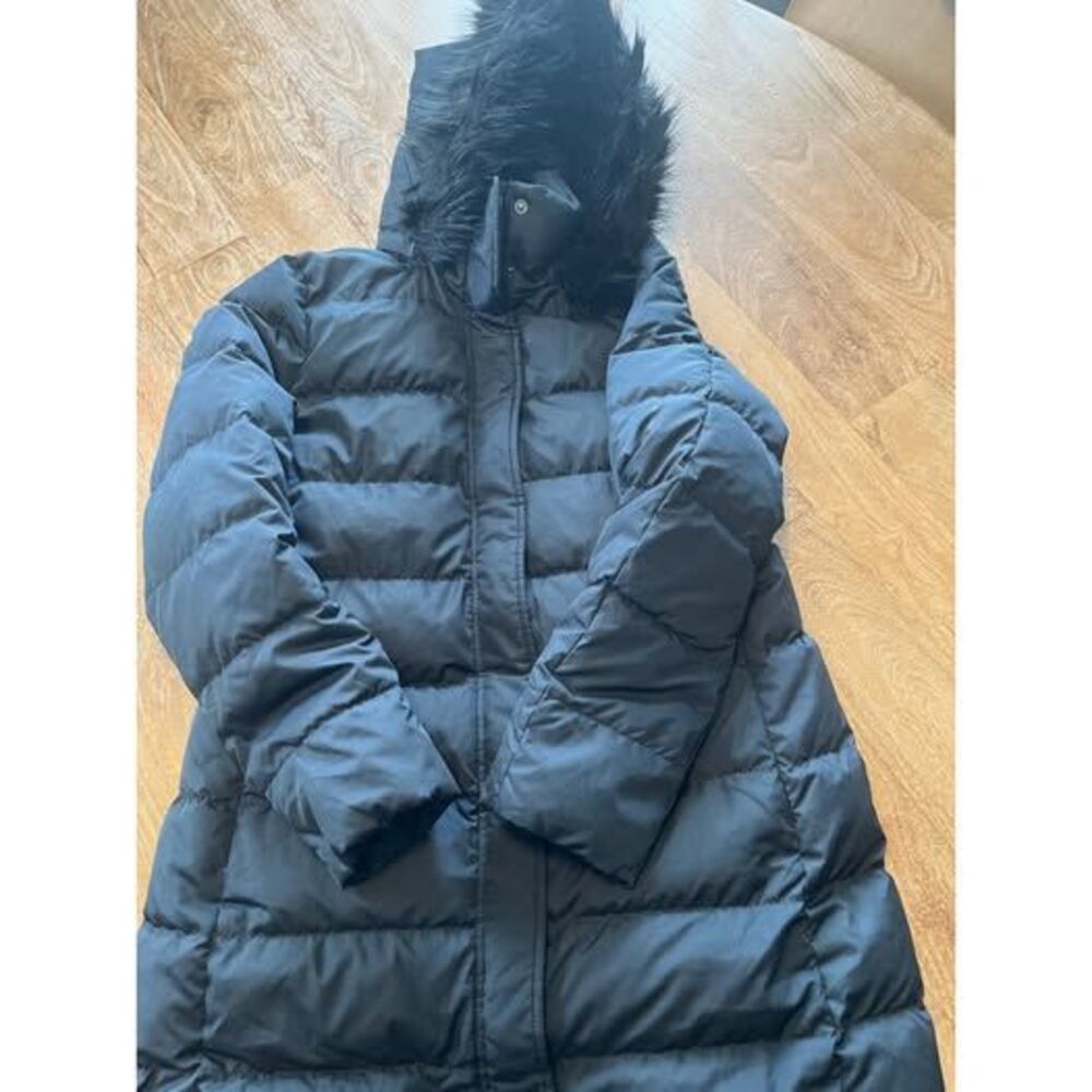 Lands' End Black Long Puffer Coat Faux Fur Hood size M